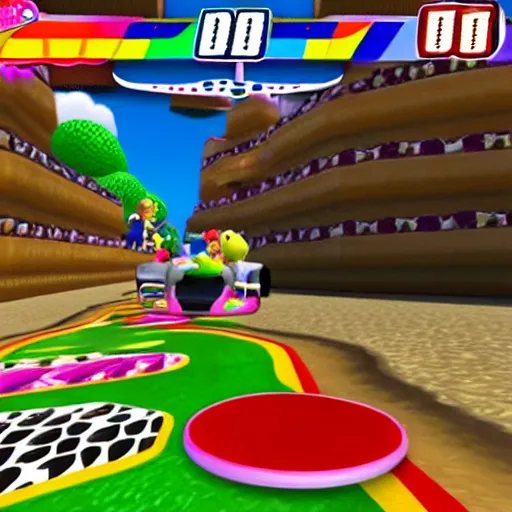 Image similar to A Mario Kart Double Dash Custom Track on princess peach beach volleyball course. gamecube graphics.