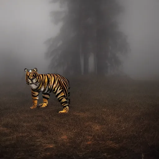 Image similar to A dramatic picture of hooded tiger , foggy atmosphere, cinematic lighting