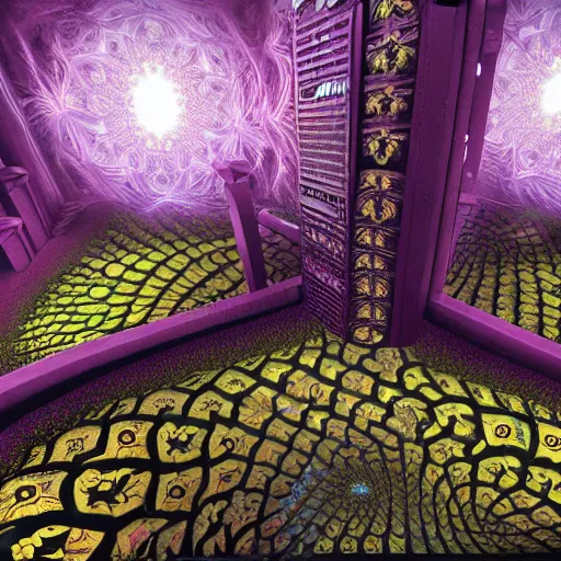 Prompt: a detailed fractal picture of the elevator to hell surrounded by a field of black lotus flowers with petals in a fibonacci sequence, in the style of magic the gathering, highly detailed, digital painting, god rays, volumetric lighting, octane render, 4 k resolution, art by adam paquette and johann bodin and jason rainville