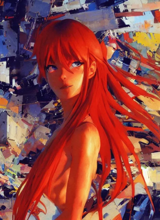 Image similar to Asuka Langley Soryu by John Berkey and Vincent Di Fate, rule of thirds, seductive look, beautiful, in intergalactic hq, ethereal lighting, smooth, masterpiece, Refined