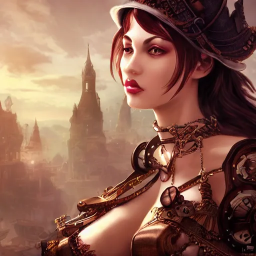 Image similar to fantasy woman in steampunk town, details face, detailed body, unreal engine, by popular digital artist, digital, artstation, detailed body, heavenly atmosphere, digital art, overdetailed art, trending on artstation, cgstudio, the most beautiful image ever created, dramatic, award winning artwork, beautiful scenery