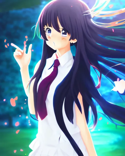 Image similar to anime style, vivid, expressive, full body, 4 k, painting, a cute magical girl with a long wavy black hair wearing a school uniform, stunning, realistic light and shadow effects, centered, simple background, studio ghibly makoto shinkai yuji yamaguchi