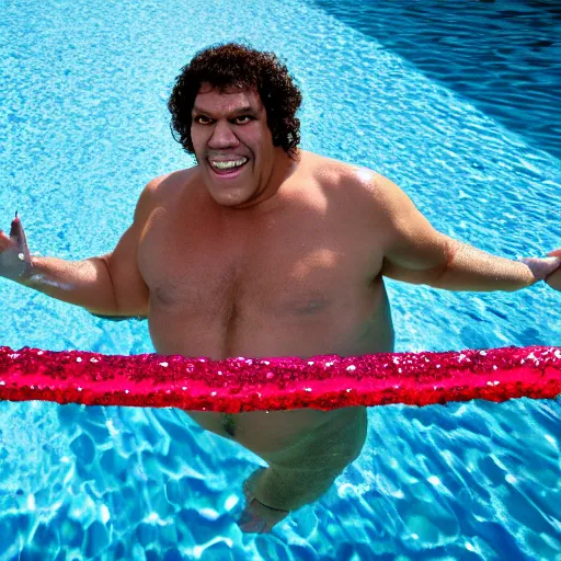 Image similar to andre the giant wearing a speedo and a sequin vest jumping in the pool from the movie my pool party, movie still, 8 k, realistic