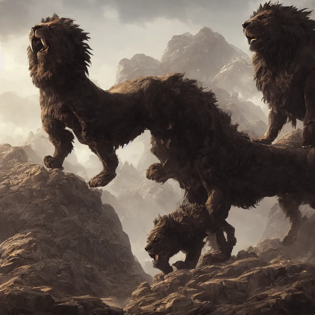 Image similar to Giant black rock lion monster art, in the style of greg rutkowski, illustration, epic, fantasy, intricate, hyper detailed, artstation, concept art, smooth, sharp focus, ray tracing