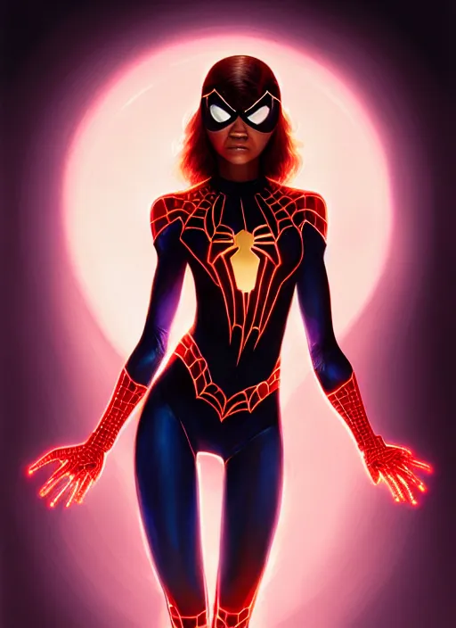 Image similar to zendaya as spider - woman, intricate, elegant, glowing lights, highly detailed, digital painting, artstation, glamor pose, concept art, smooth, sharp focus, illustration, art by artgerm and greg rutkowski, artey freytag