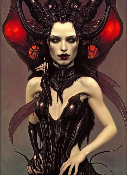 Prompt: masterpiece portrait of an beautiful succubus with gothic black leather, surrounded by glowing liquid occult swirls, majestic, dramatic lighting, h. r. giger, beksinski, alphonse mucha, artgerm, donato giancola, tom bagshaw, trending on cgsociety, octane render, 8 k