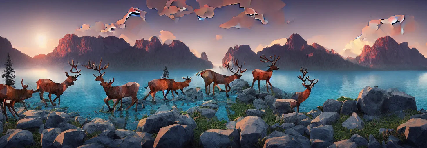 Prompt: super detailed color lowpoly art, northern sunset with rocks on front, blured monochromic lake in the middle of perspective and foggy mountains at background, graphic reindeers in random points, unreal engine, gothic rich deep colors, molotow premium color palette, 3d render, lowpoly, colorful, digital art