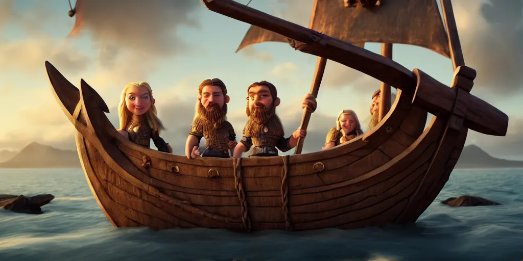 Prompt: adorable vikings on a viking ship, pixar render, brilliant style by Artstation, Artstation Trending, cgsociety, high quality, very coherent, ultra realism, high definition, post processing, unreal engine, 8k, high resolution, octane render, high contrast, 4k UHD, photographic, digital art, artstation, cinematic shot, golden hour, island in the background