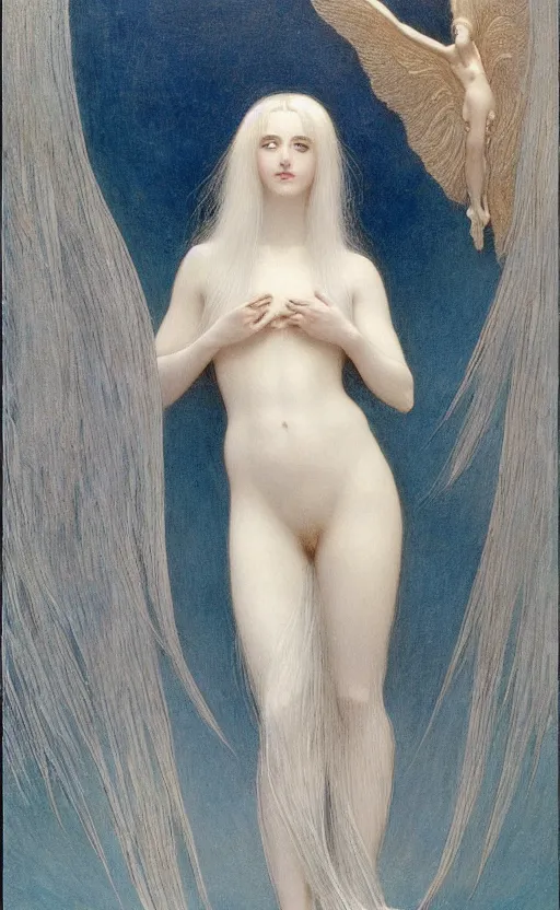 Prompt: Say who is this with silver hair so pale and Wan! and thin? beautiful lone single feminine!! angel, Venus Aphrodite, in the style of Jean Delville, Lucien Lévy-Dhurmer, Fernand Keller, Fernand Khnopff, oil on canvas, 1896, 4K resolution, aesthetic, mystery