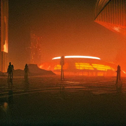 Image similar to 35mm film still blade runner set on Mars in an neon city, domes made of glas