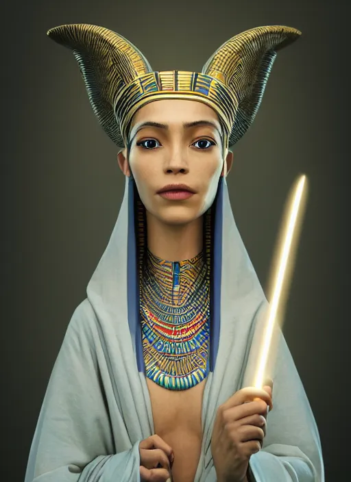 Image similar to an anthropomorphic beautiful female wizard of pharaoh holding magic wand portrait wearing robe, fine art, award winning, intricate, elegant, sharp focus, octane render, hyperrealistic, cinematic lighting, highly detailed, digital painting, 8 k concept art, art by jamie hewlett and z. w. gu, masterpiece, trending on artstation, 8 k