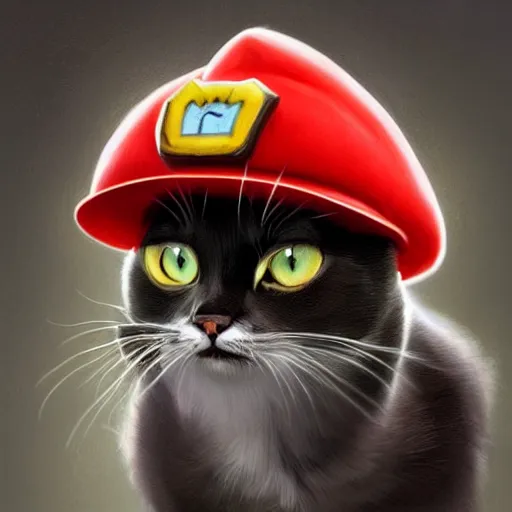 Prompt: Portrait of a Cat dressed as Super Mario, Mario hat, kawaii aesthetic, nintendo, highly detailed, digital painting, artstation, concept art, smooth, sharp focus, illustration, art by artgerm and greg rutkowski and alphonse mucha