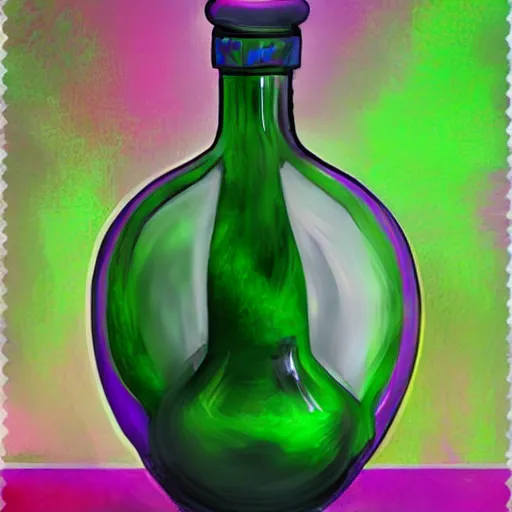 Prompt: one magical bottle with green poison, dark-violet background, precise, storybook, digital painting