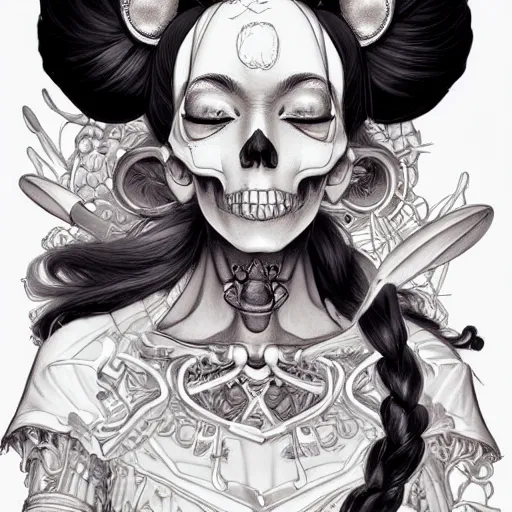 Image similar to anime manga skull profile young woman skeleton, minnie mouse, marge simpson, unreal engine, intricate, elegant, highly detailed, digital art, art by JC Leyendecker and sachin teng