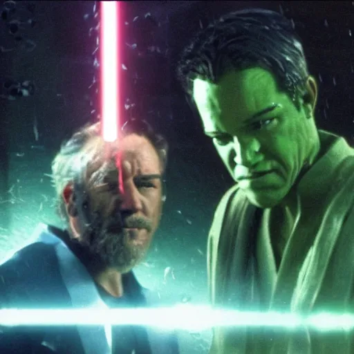 Prompt: the iconic fight between smith and neo in the rain, only instead of smith the are all obi wan kenobi clones