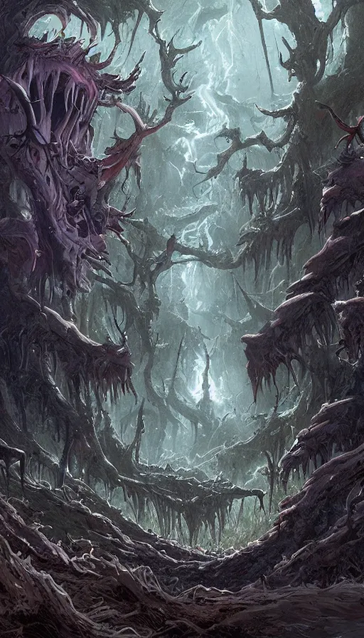 Image similar to a storm vortex made of many demonic eyes and teeth over a forest, by disney concept artists