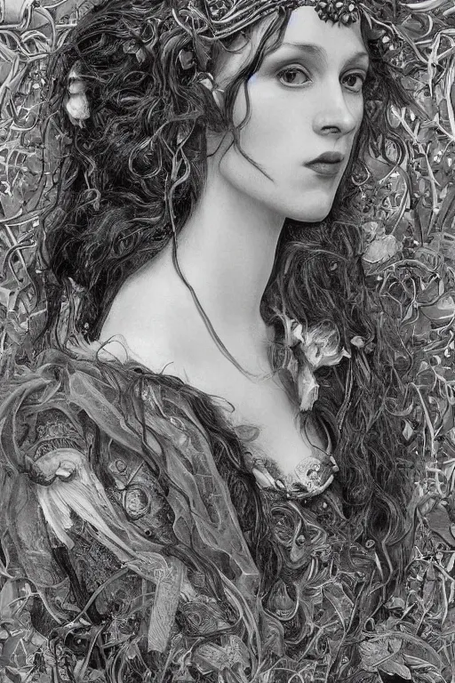 Image similar to An extremely beautiful pre-raphaelite portrait of a very beautiful and cute witch, surreal, ultradetailed, intricate, elegant, digital art painting, concept art, smooth, sharp focus, poster art, art cover illustration, regal, award winning picture, extremely detailed masterpiece, sense of awe, featured on artstation, Artgerm, effervescent punk kawaii-noir pastel bubbles, winning award piece, ethereal rainbows, Aetherpunk, low-key neon lightning, stormy weather, Exquisite details, 8K detail post-processing, matte, oil painting