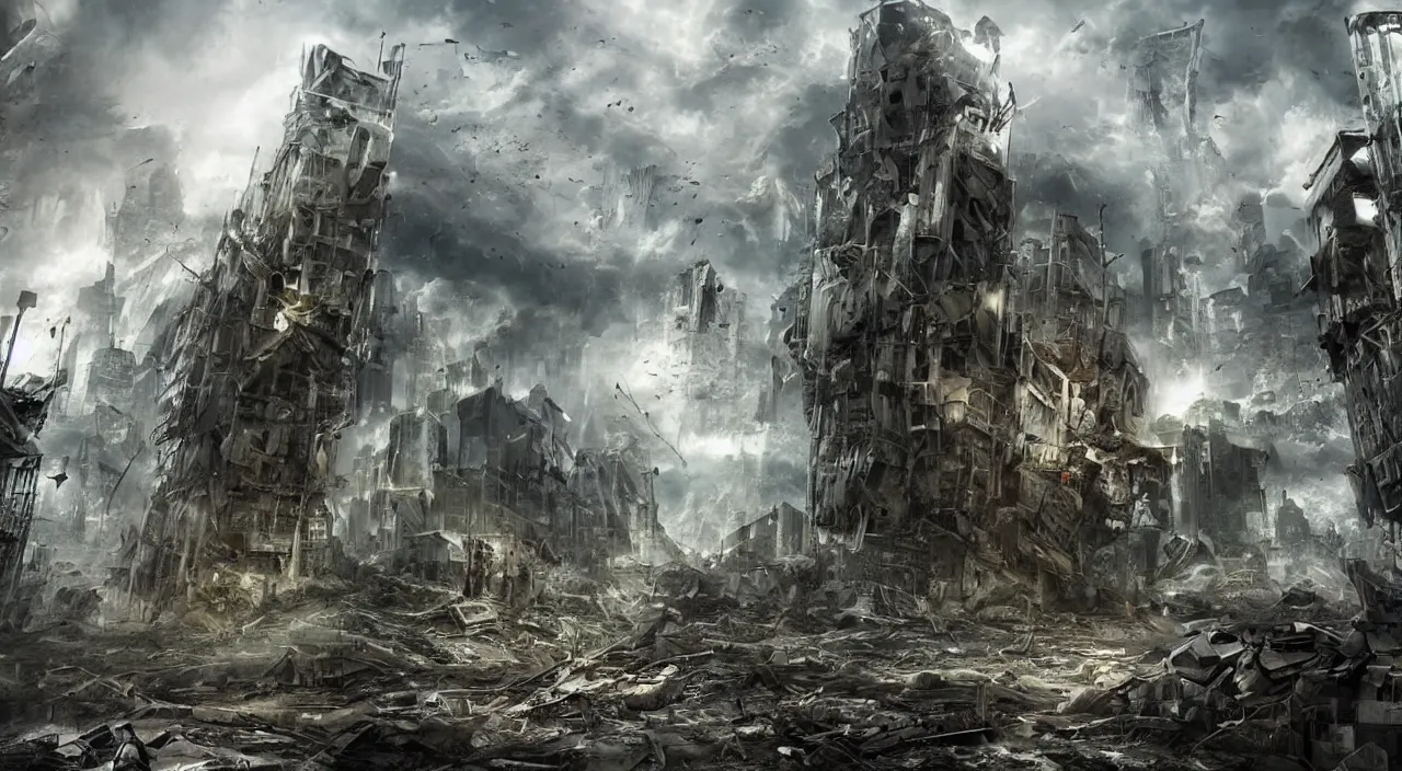 Image similar to damaged city, high - tech, concept art, forest, tornado, war, broken, high resolution, evil