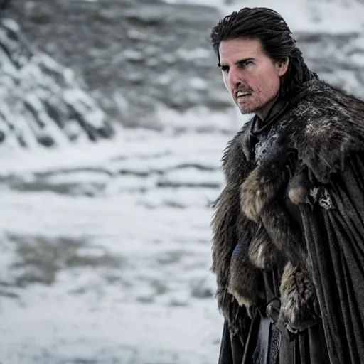 Prompt: still of tom cruise as jon snow in game of thrones