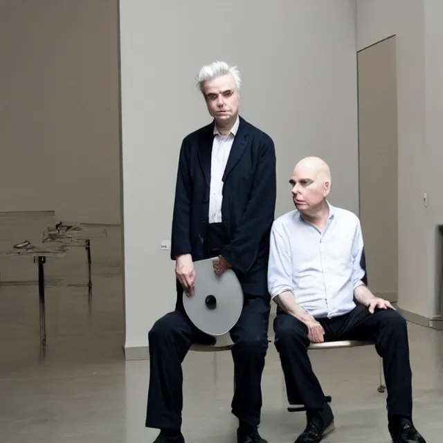 Prompt: david byrne and brian eno are looking for ideas in an art museum