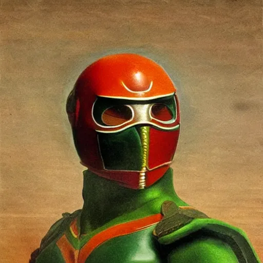 Image similar to a realistic painting by Michaelangelo depicting the Kamen Rider with the head of Kabutaku in the Renaissance,smooth,Sharp focus,high detailed,high resolution,fine art, upper body,bright colour,trending on Artstation.