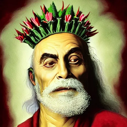 Prompt: stoner King Tommy Chong wears a doublet whilst wearing a red velvet cape and marijuana flower calyx trichome crown edward julius detmold jehan choo jeff simpson arkhip kuindzhi raphael lacoste guillem h. pongiluppi grisaille