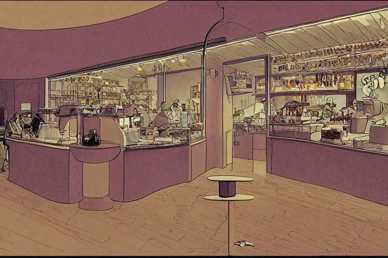 Prompt: coffee shop by moebius