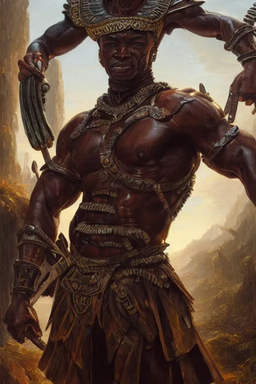 Prompt: a powerful and muscular make african warrior , half body portrait, ornate armour, realistic oil painting by Thomas Cole and Wayne Barlowe and Boris Valejo