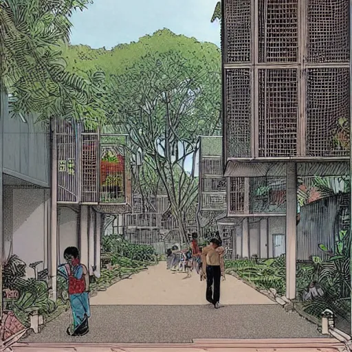 Image similar to walking through a housing estate in singapore, by moebius