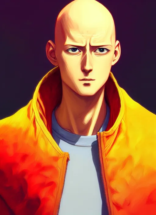 Image similar to handsome saitama, half body shot, path traced, red and yellow, cape, highly detailed, high quality, digital painting, alena aenami, lilia alvarado, shinji aramaki, karol bak, alphonse mucha, tom bagshaw