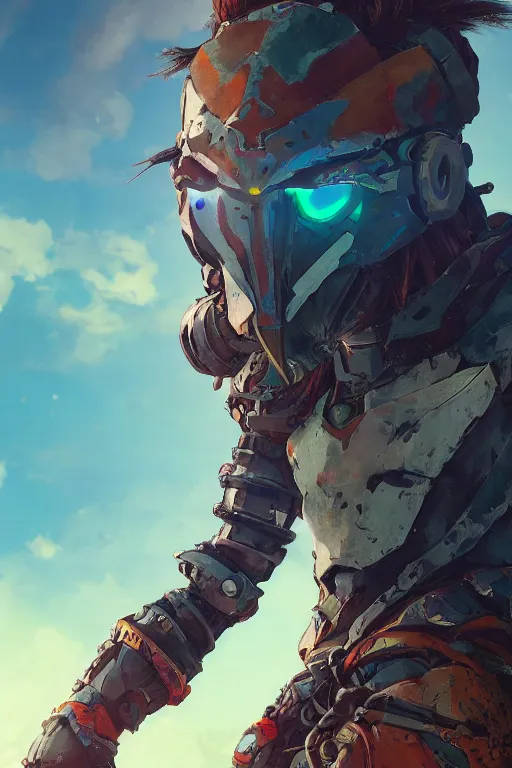 Image similar to combination suit armor aloy horizon forbidden west horizon zero dawn radiating a glowing aura global illumination ray tracing hdr fanart arstation by ian pesty and alena aenami artworks in 4 k tribal robot ninja mask helmet backpack