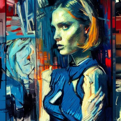 Image similar to portrait of beautiful girl, berghain party, shades of blue, by greg rutkowski, by jeremy mann, by francoise nielly, by vincent van gogh