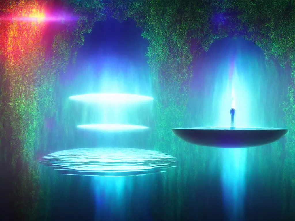 Image similar to beautiful oil on canvas of one beautiful magical gleaming holographic portal to another world, in a lake, opening under the water, magical, ethereal, sci - fi, art, 8 k render octane high definition