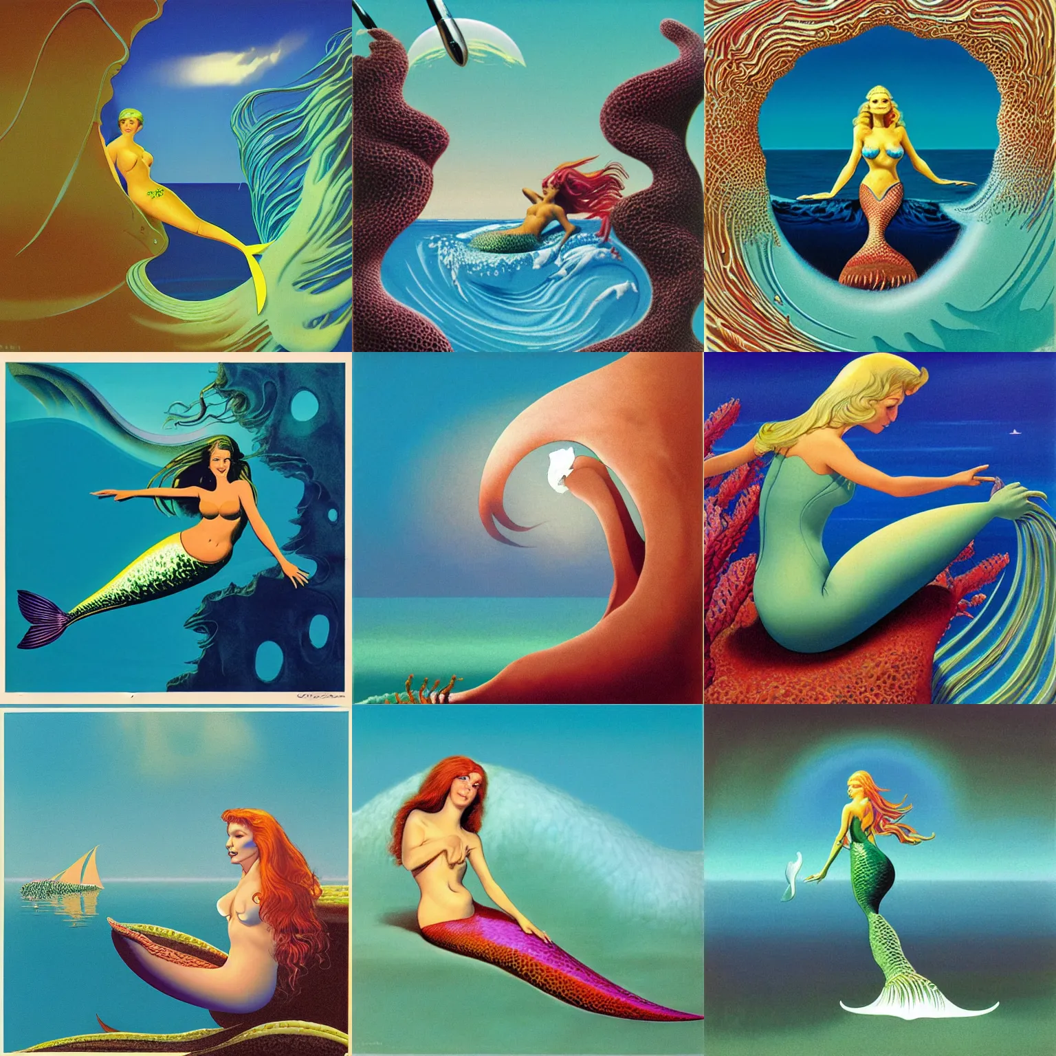 Prompt: Mermaid on a Wave by Roger Dean, Album art, 1970s