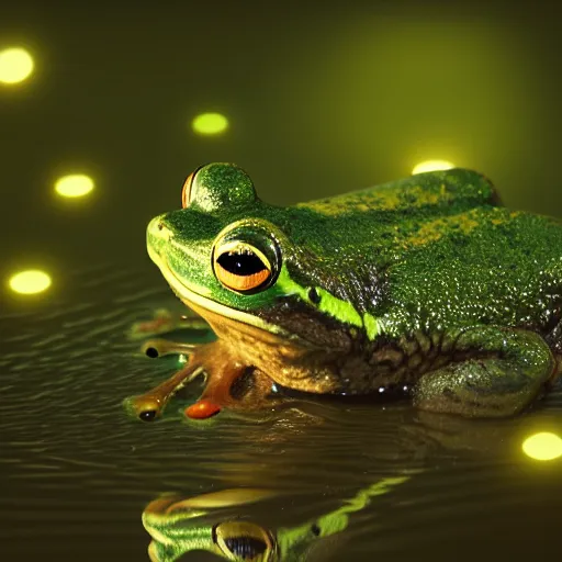 Image similar to green frog swimming in a glowing bright swamp at night, photorealistic render, bloom, bokeh blur, simulated, unreal engine, cgsociety