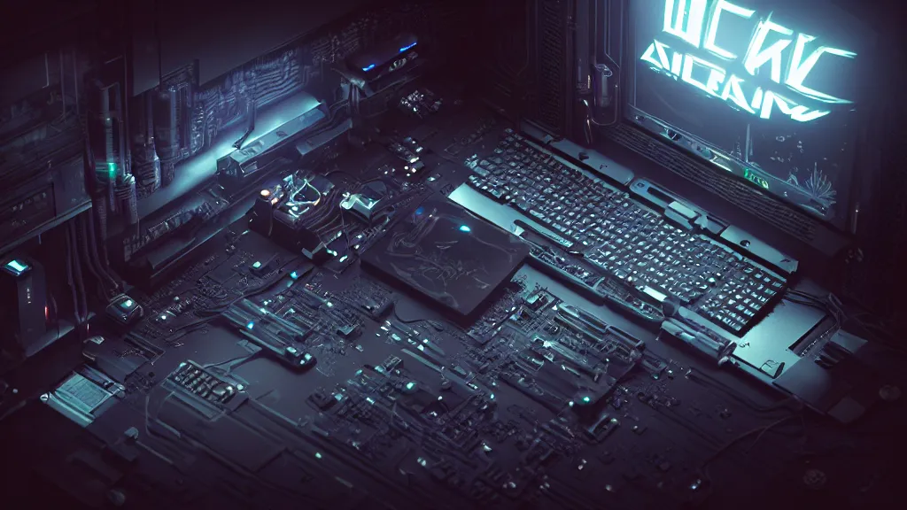 Prompt: a cyberpunk overpowered computer. Overclocking, watercooling, custom computer, cyber, mat black metal, alienware, futuristic design, Beautiful dramatic dark moody tones and lighting, Ultra realistic details, cinematic atmosphere, studio lighting, shadows, dark background, dimmed lights, industrial architecture, Octane render, realistic 3D, photorealistic rendering, 8K, 4K, computer setup, highly detailed, desktop computer, desk, home office, whole room