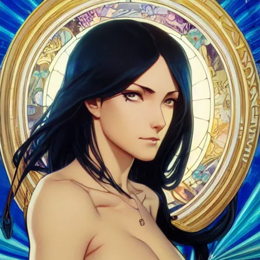 Image similar to highly detailed vfx portrait of nico robin, makoto shinkai, alphonse mucha, sharp focus, art by artgerm and greg rutkowski, backlit, harsh overhead sunlight, blue eyes, stanley kybric