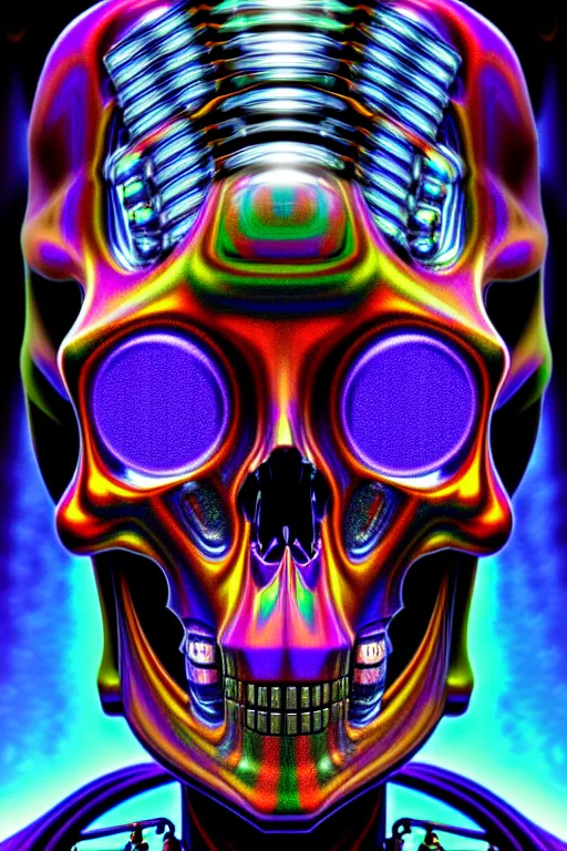 Prompt: maximalist detailed scifi robot skull portrait. lowbrow scifi artwork by kidsquidy. ray tracing hdr polished sharp in visionary psychedelic fineart style inspired by alex grey and cameron gray