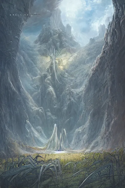 Prompt: amazing concept painting, by Jessica Rossier and HR giger and Beksinski, A gleaming white opera hall fortress overlooks a fertile valley, brutalist deak ferrand Jean-pierre Ugarte bases lead to an art nouveau Rivendell, terraces, hallucination, garden of eden