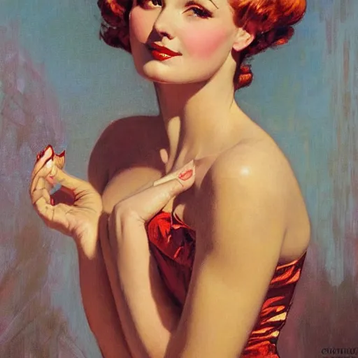 Prompt: portrait of a beautiful woman, intricate, elegant, highly detailed, by gil elvgren, greg manchess, mucha