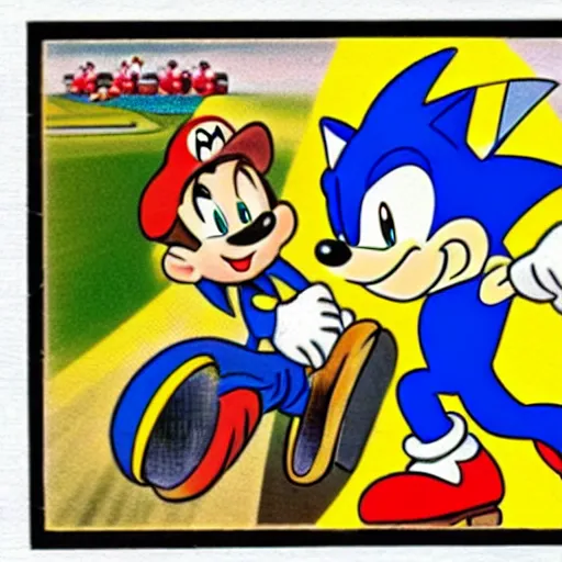 Image similar to 1940s disney film about super mario and sonic the hedgehog