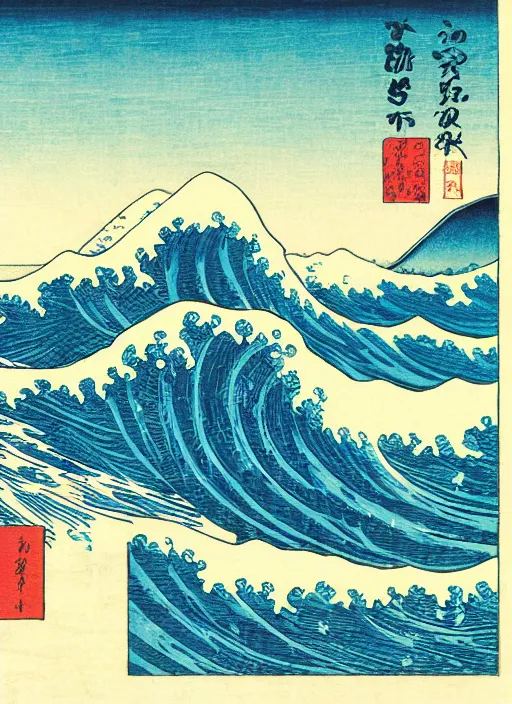 Image similar to a painting of waves in the ocean with mountains in the background, a woodcut by utagawa hiroshige ii, pixiv, ukiyo e, ukiyo e, vaporwave, woodcut