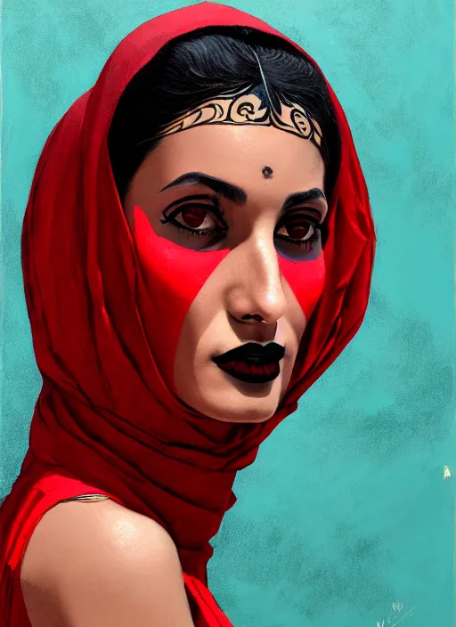 Image similar to portrait of an egyptian woman with a crooked nose and a confident expression, 1 9 6 0 s, red clothes, goth, punk, funk, intricate, elegant, highly detailed, digital painting, artstation, concept art, smooth, sharp focus, illustration, art by wlop, mars ravelo and greg rutkowski