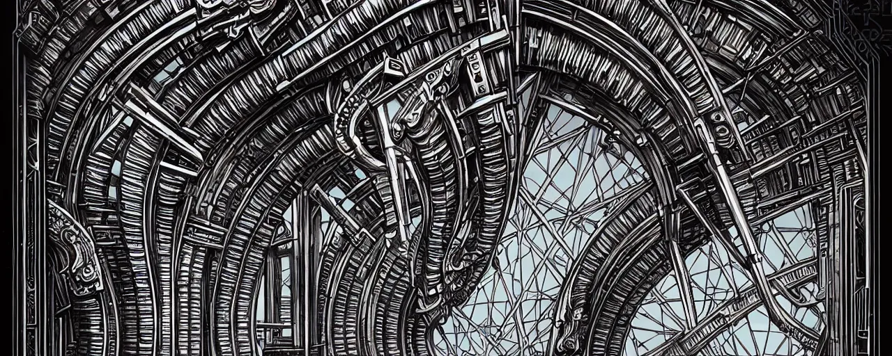 Image similar to a double helix dna cyberpunk steampunk stone carved archway, art deco high details, lineart, by vincent di fate and joe fenton, inking, screen print, masterpiece, trending on artstation, sharp, high contrast, hyper - detailed, ultrawide, hd, 4 k, 8 k