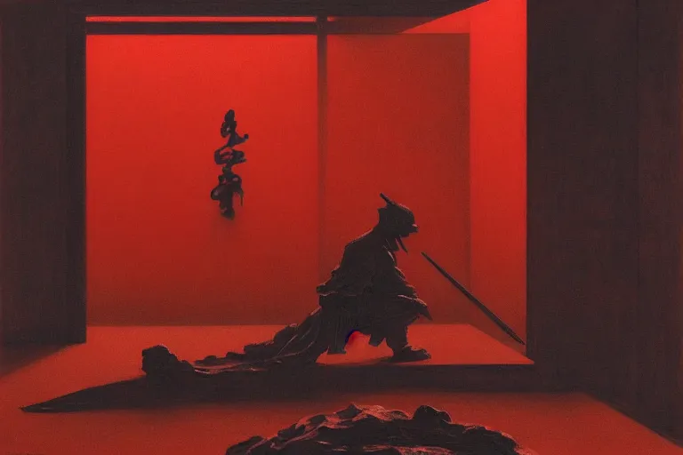 Image similar to only with red, a red samurai do seppuku, tokio, a lot of frogs watch, in the style of beksinski, parts by edward hopper, parts by rodcenko, parts by yue minjun, intricate and epic composition, red by caravaggio, insanely quality, highly detailed, masterpiece, red light, artstation, 4 k