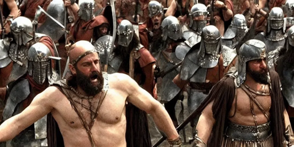 Image similar to Bernie Sanders dressed as Leonidas, with Leonidas beard, leading Spartans into battle, in screenshot from the 300 movie