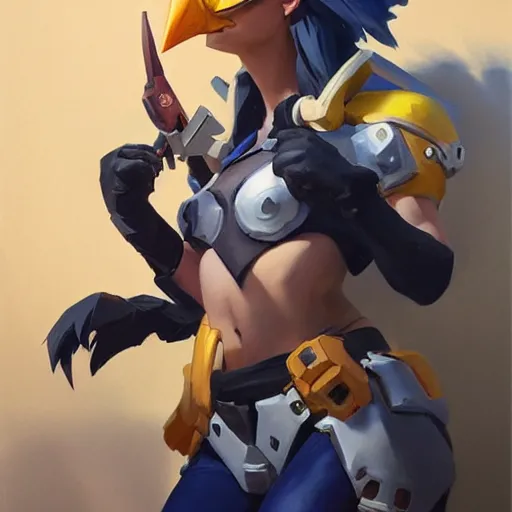 Image similar to greg manchess portrait painting of fully armed chocobo as overwatch character, medium shot, asymmetrical, profile picture, organic painting, sunny day, matte painting, bold shapes, hard edges, street art, trending on artstation, by huang guangjian and gil elvgren and sachin teng