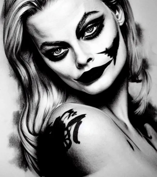 Image similar to tattoo design sketch of beautiful margot robbie portrait with joker makeup, in the style of den yakovlev, realistic face, black and white, realism tattoo, hyper realistic, highly detailed