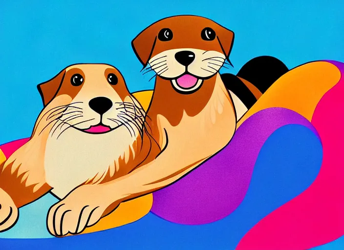 Image similar to dog and otter relaxing, colorful,modern art deco, disney poster, editorial illustration, detailed,