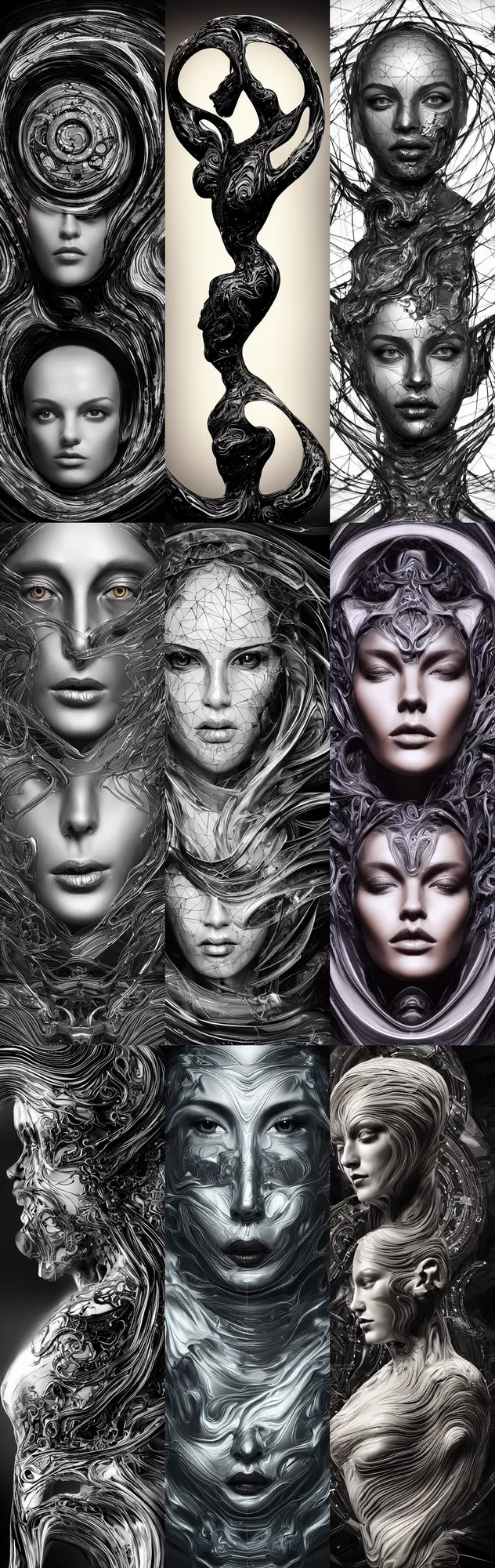 Prompt: epic illustration, digital abstract sculpt of beautiful female face body and black swirling latex acrylic portrait, black latex sculpt, mechanical superstructure, sacred geometry, 8 k, cinematic, magic hour, beautiful light, sculpture of carving marble, dark colors, filigree ornaments, one point light, clockwork, epic matte painting, concept art, bokeh, digital painting